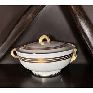 Covered White and Gold Accented Bowl w/ Handles By Jean Luce Paris France Vtg